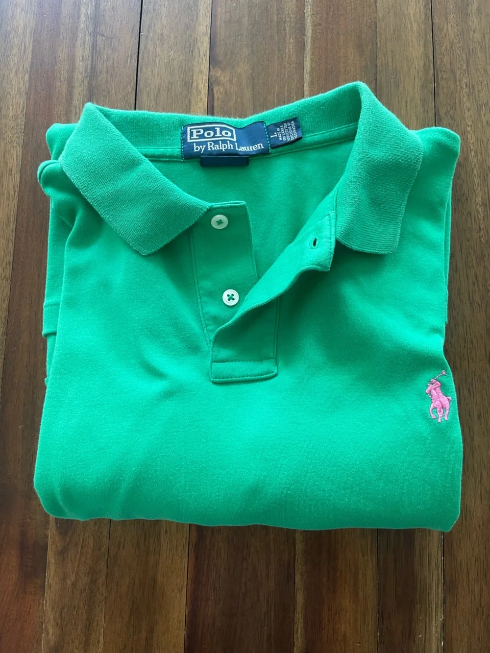 Polo Ralph Lauren Men’s Large Green Polo Shirt Pink Logo Preppy Golf Casual